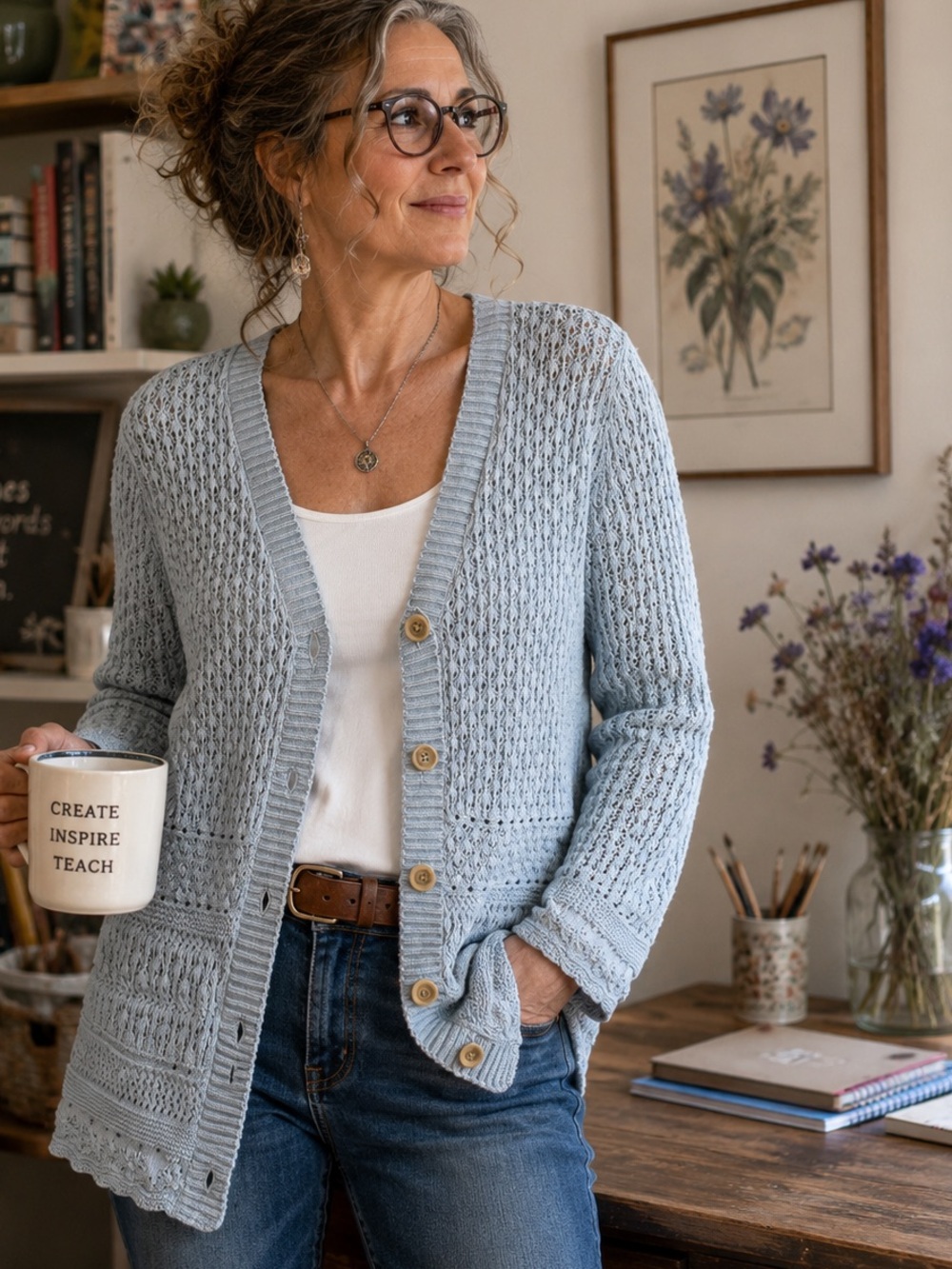Eddie Bauer 100% Cotton Knit Cardigan Sweater Blue Large Cottagecore